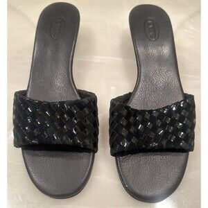 Talbots Black Woven Leather Slide Sandals Women’s 10AA Narrow Slip-On Low Heel
